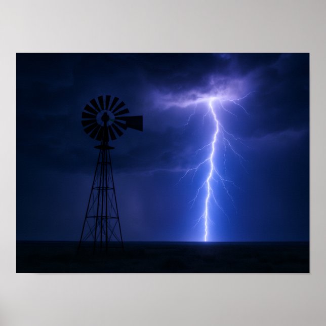Póster Lightning Strike Windmill Poster - Dramatic Texas  (Frente)