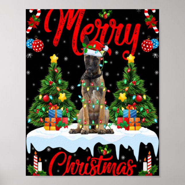 Póster Lights Xmas Tree Santa Belgian Malinois Dog Christ (Frente)