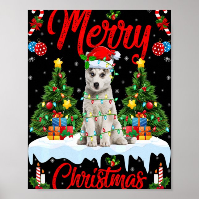 Póster Lights Xmas Tree Santa Siberian Husky Dog Christma (Frente)