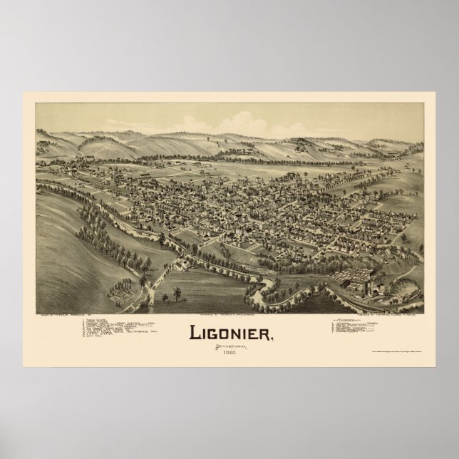 Póster Ligonier, Mapa Panorámico PA - 1900 (Frente)