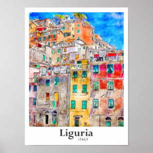 Póster Liguria Italia Trae la mano de color de agua de lo