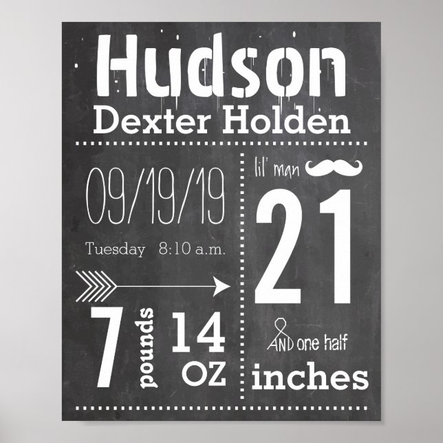 Póster Lil Man Mustache Chalkboard Boy Baby Stat Arrow (Frente)