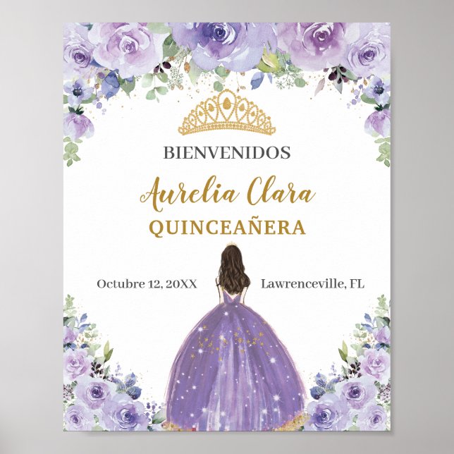 Póster Lila Púrpura Floral Muchacha Quinceañera Bienvenid (Frente)