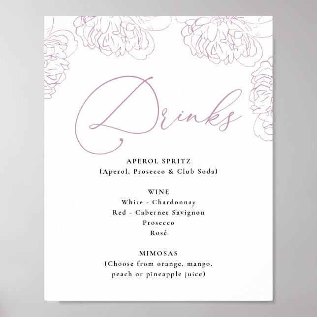 Póster Lilac Peonies Floral Bridal Shower Menú de bebidas (Frente)