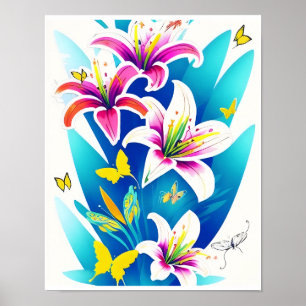 Póster Lilies y mariposas amarillas