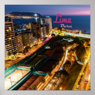 Póster Lima Capital Perú Ciudad del Pacífico Noche de Luz