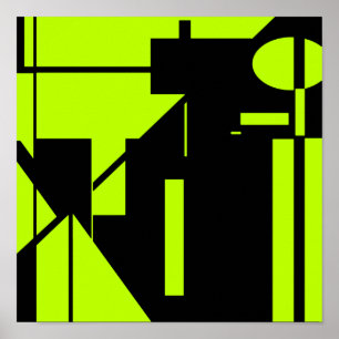 Póster Lime Green Shapes on Black Resumen MCM Look Art