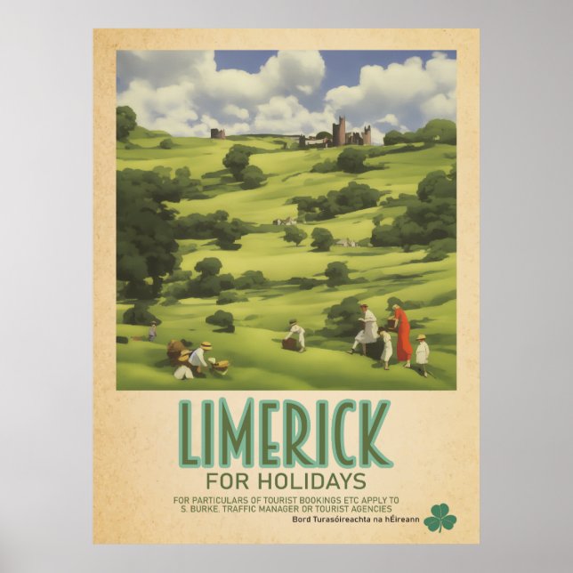 Póster Limerick Ireland, anuncio de viaje retro irlandés (Frente)