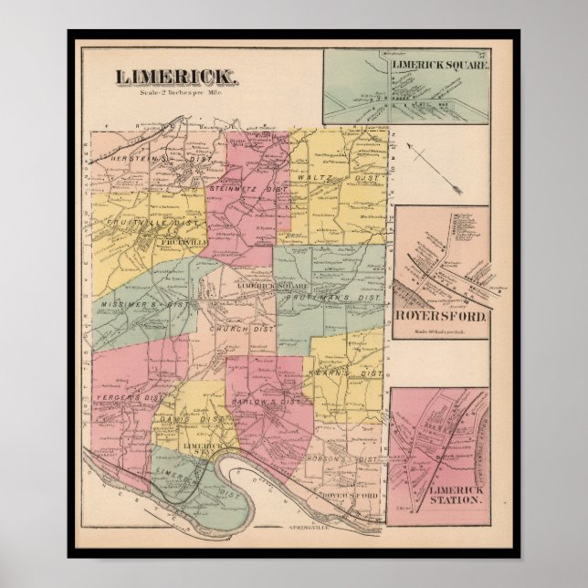 Póster Limerick Royersford PA Pennsylvania Map 1871 (Frente)