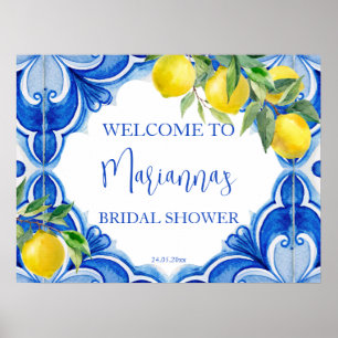 Póster Limón de azulejos azules que amore la bienvenida a