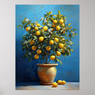 Póster Limonero en Maceta de Barro con Flores