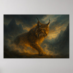 Póster Lince dorado místico en niebla de atardecer – ManJ