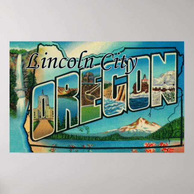Póster Lincoln City, Oregón - Escenas de letras grandes (Frente)