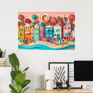 Póster linda casa de playa de efecto 3d