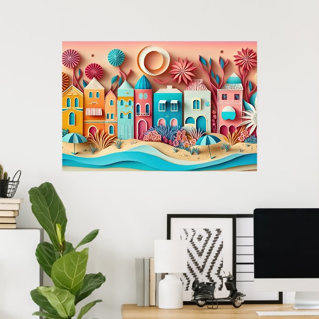 Póster linda casa de playa de efecto 3d (Oficina en casa)