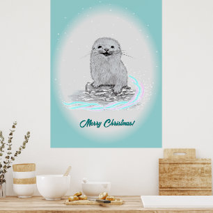 Póster Linda cría de nutria de mar blanca, Feliz Navidad