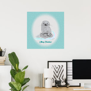 Póster Linda cría de nutria de mar blanca, Feliz Navidad