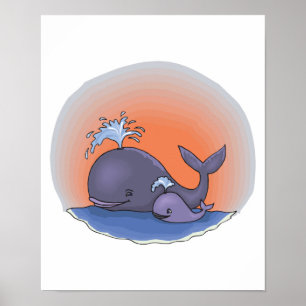 Póster linda madre y ballena bebé