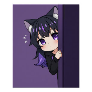 Póster Linda Neko Chibi Curiosa – Gato Chica Morado Tímid