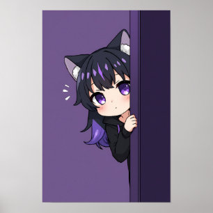 Póster Linda Neko Chibi Curiosa – Gato Chica Morado Tímid