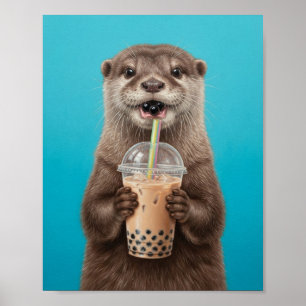 Póster Linda Nutria Bebiendo Té de Leche Boba Divertido A