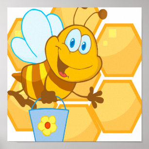 Póster linda y feliz abeja y honeycomb