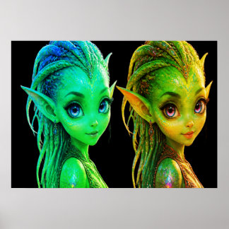 Póster Lindas niñas extraterrestres gemelas en una pared