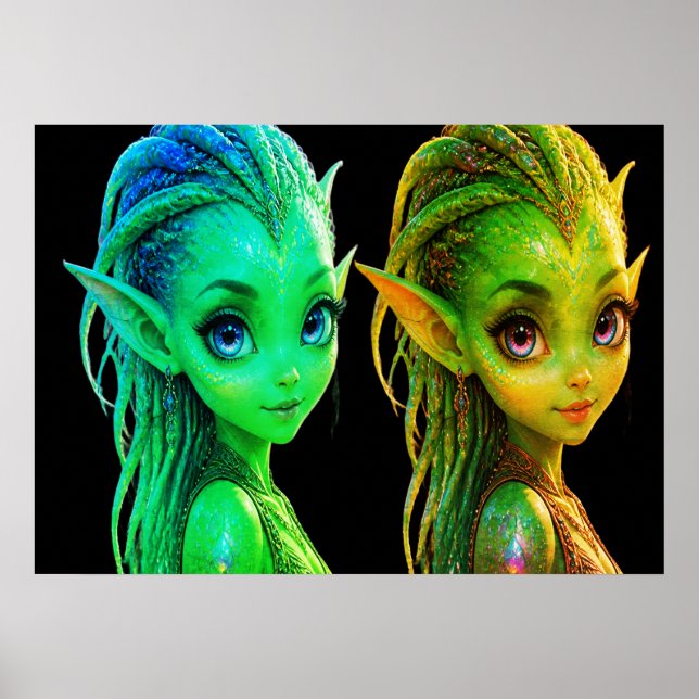 Póster Lindas niñas extraterrestres gemelas en una pared (Frente)