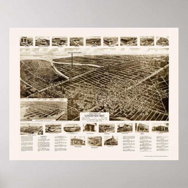 Póster Lindenhurst, Mapa Panorámico de Nueva York - 1926 (Frente)