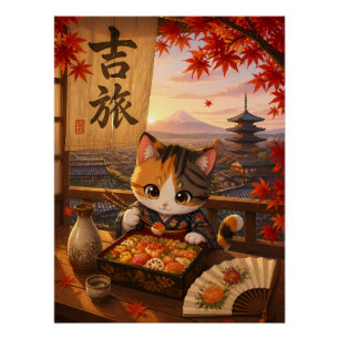 Póster Lindo Anime Japonés Gato Kimono Monte Fuji Otoño 