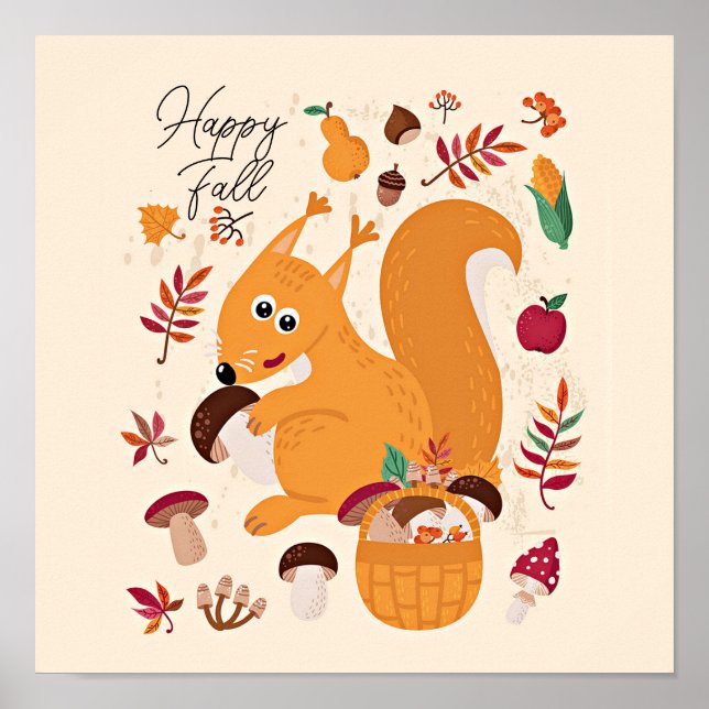 Póster Lindo ardilla de otoño con texto personalizado   (Frente)