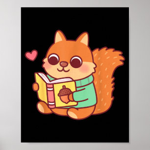 Póster Lindo ardilla leyendo un libro amantes anime kawai