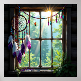 Póster Lindo atrapasueños púrpura boho en la ventana