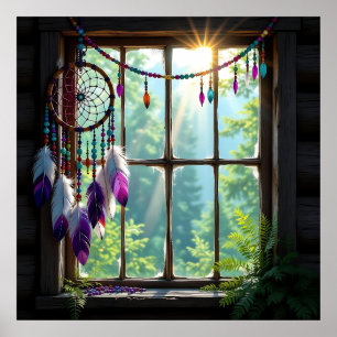 Póster Lindo atrapasueños púrpura boho en la ventana  