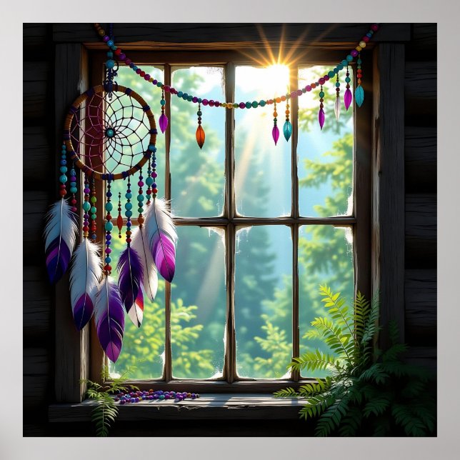 Póster Lindo atrapasueños púrpura boho en la ventana   (Frente)