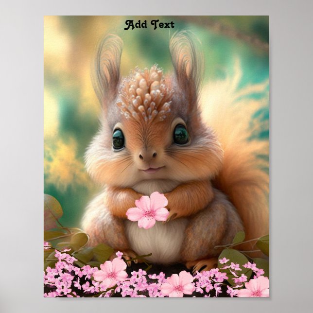 Póster Lindo Bebé Ardilla Caprichoso Flores Rosadas (Frente)