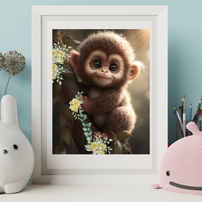 Póster Lindo bebé mono sentado en un árbol con flores ama (Subido por el creador)