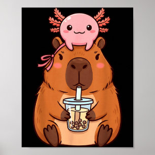 Póster Lindo capybara bebiendo té de boba kawaii axolotl