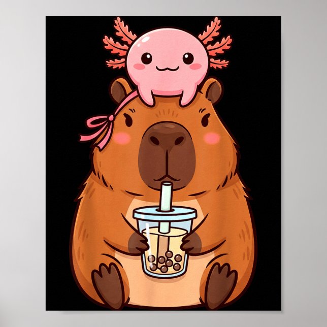 Póster Lindo capybara bebiendo té de boba kawaii axolotl (Frente)