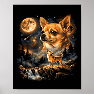 Póster Lindo Chihuahua Aullando Luna Vintage Divertido