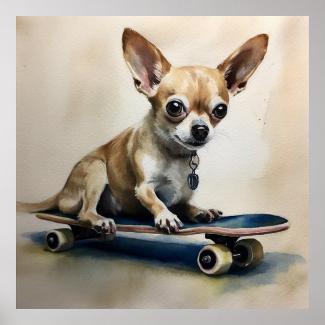 Póster lindo chihuahua sentado en patineta (Frente)