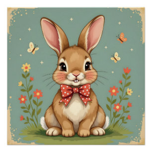 Póster Lindo conejo marrón adorable con corbata de lazo