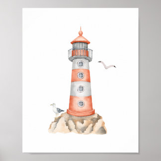 Póster lindo de faro con acuarela