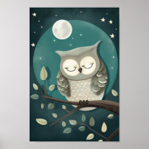 Póster lindo de un búho durmiendo bajo la Luna y S