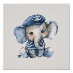 Póster Lindo elefante bebé náutico azul