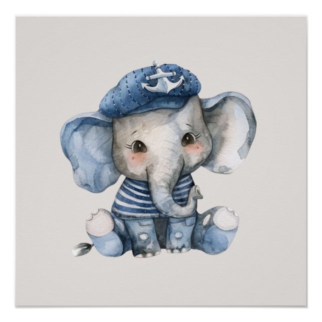 Póster Lindo elefante bebé náutico azul (Anverso)