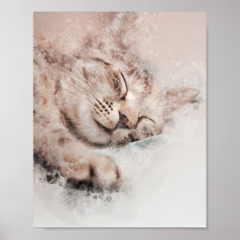 Póster lindo gatito durmiente soñado pintura acuarela
