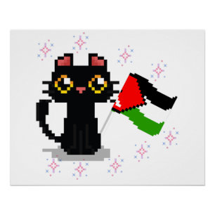 Póster lindo gato negro sostiene la bandera de Palestina