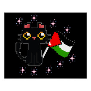 Póster lindo gato negro sostiene la bandera de Palestina