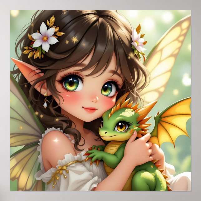 Póster Lindo hada de anime y dragón chibi  (Frente)